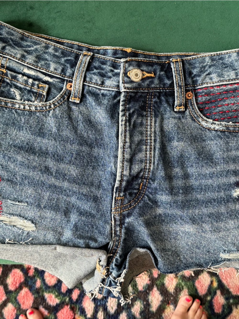 Old Navy Blue Distressed Denim Shorts with Red Stitching